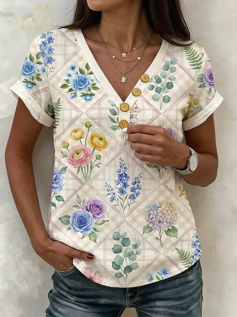Women's Nashville Floral Plaid Pattern Printed V-Neck Button Top