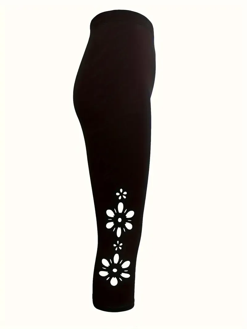 Women'S Floral Cut-Out Capri Leggings, Polyester Knit Fabric, Skinny Fit, All-Season Solid Color Hollow-Out Base Pants for Adults
