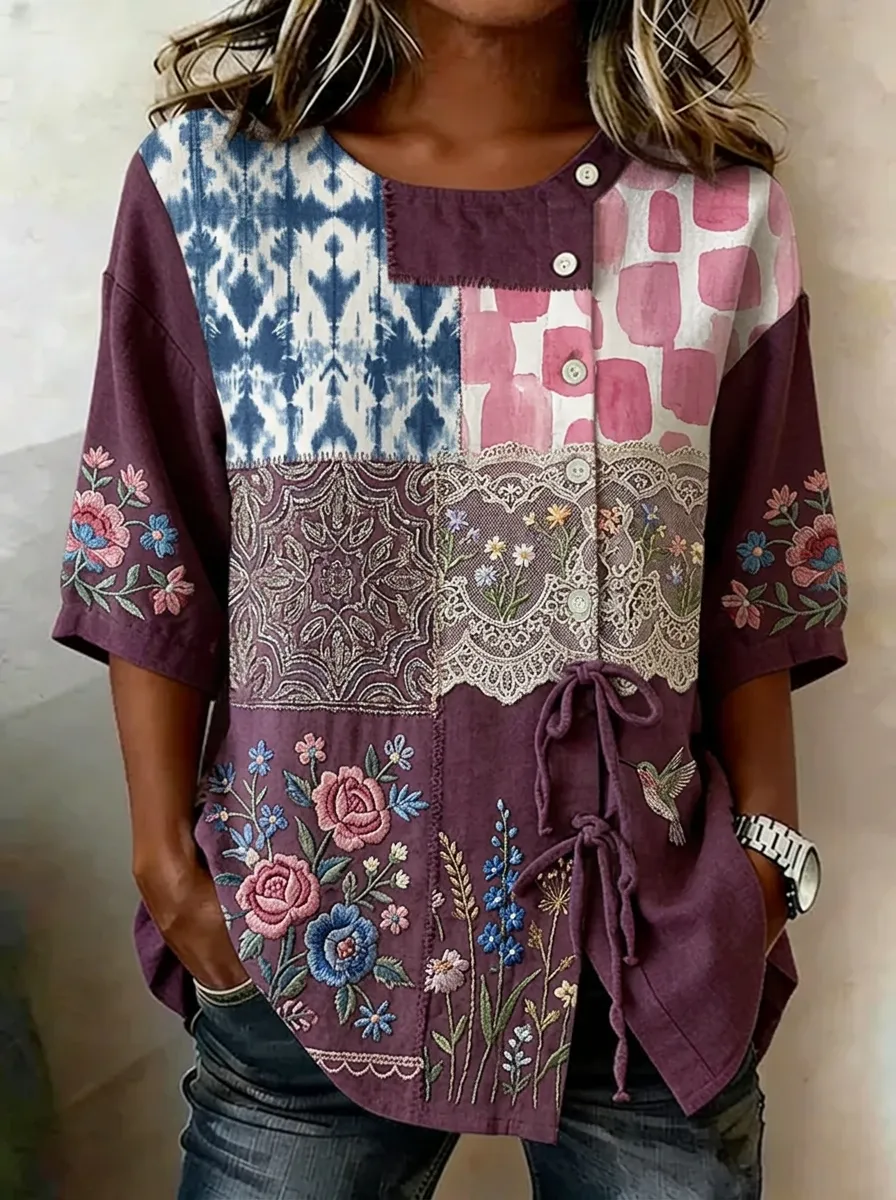 Women's Nashville Floral Patchwork Embroidered Printed Top