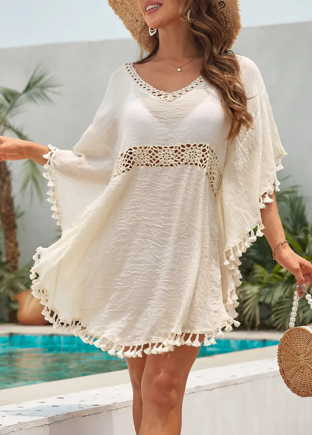 Patchwork Beige Tassel Detail Cover Up