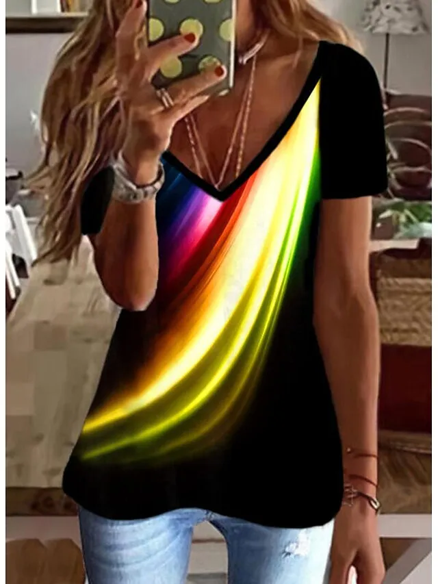 Women's T shirt Tee Going Out Tops Graphic Black White Blue Print Short Sleeve Daily Weekend Tunic Basic V Neck Regular Fit