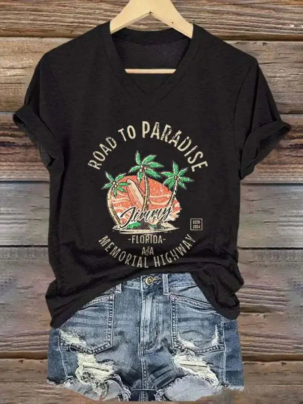 V Neck Retro Vacation Palm Trees Jimmy Memorial Highway Florida Road To Paradise Print T-Shirt