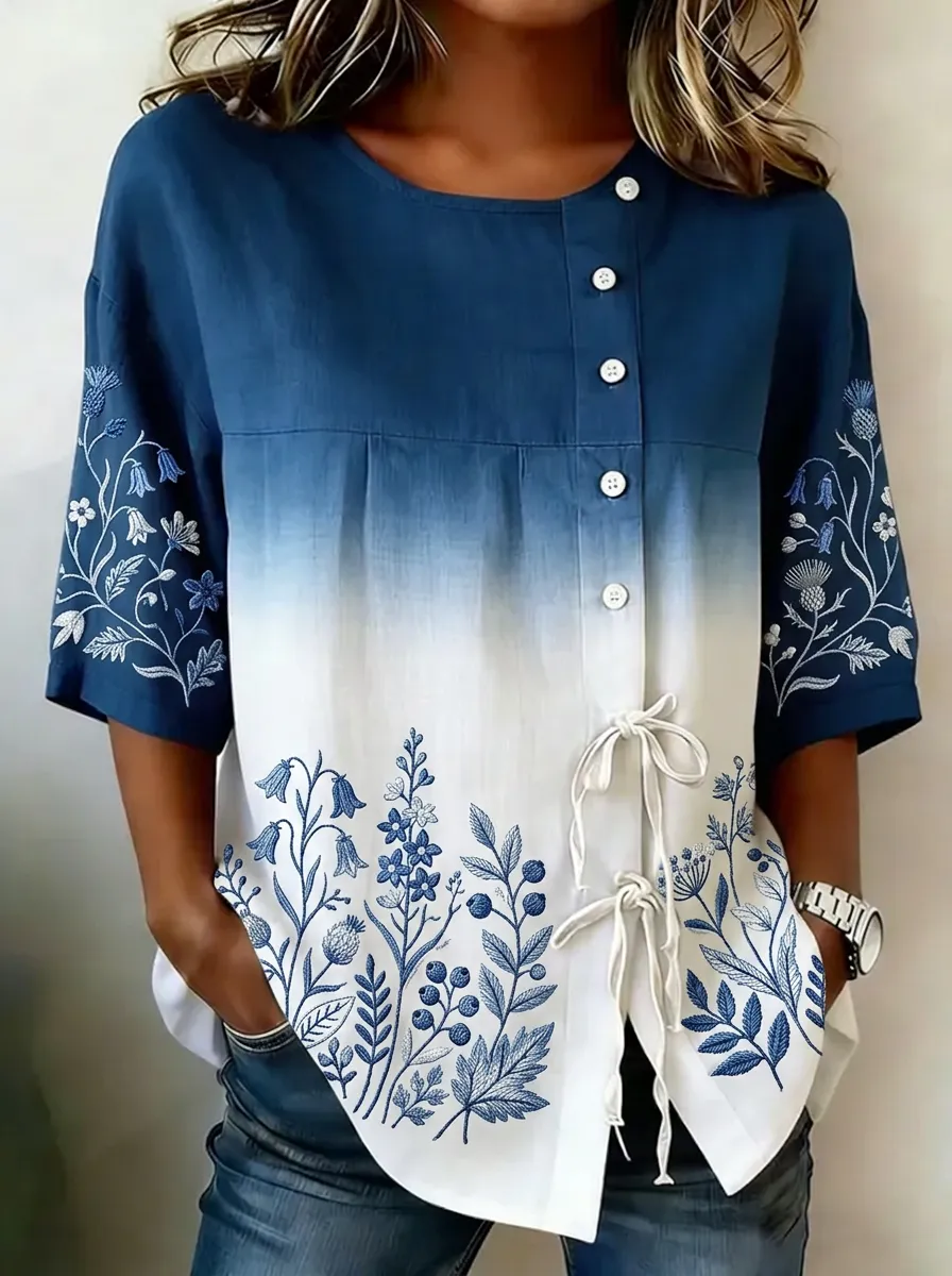 Women's Nashville Floral Botanical Ombre Printed Button-up Top