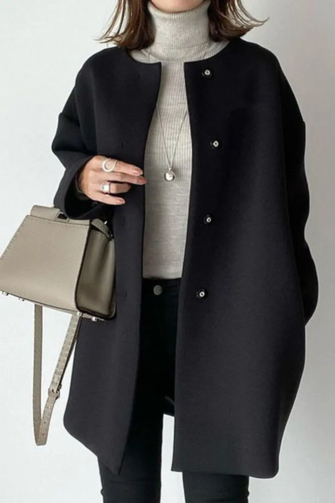 Elegant Solid Neckless Faux Woolen Coat