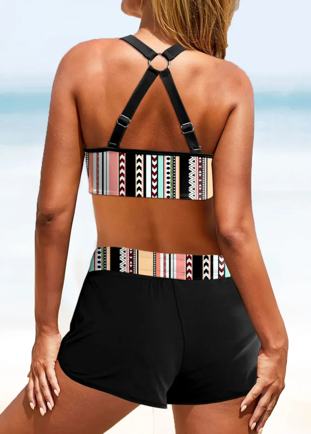 Metal Ring Tribal Print Multi Color Bikini Top