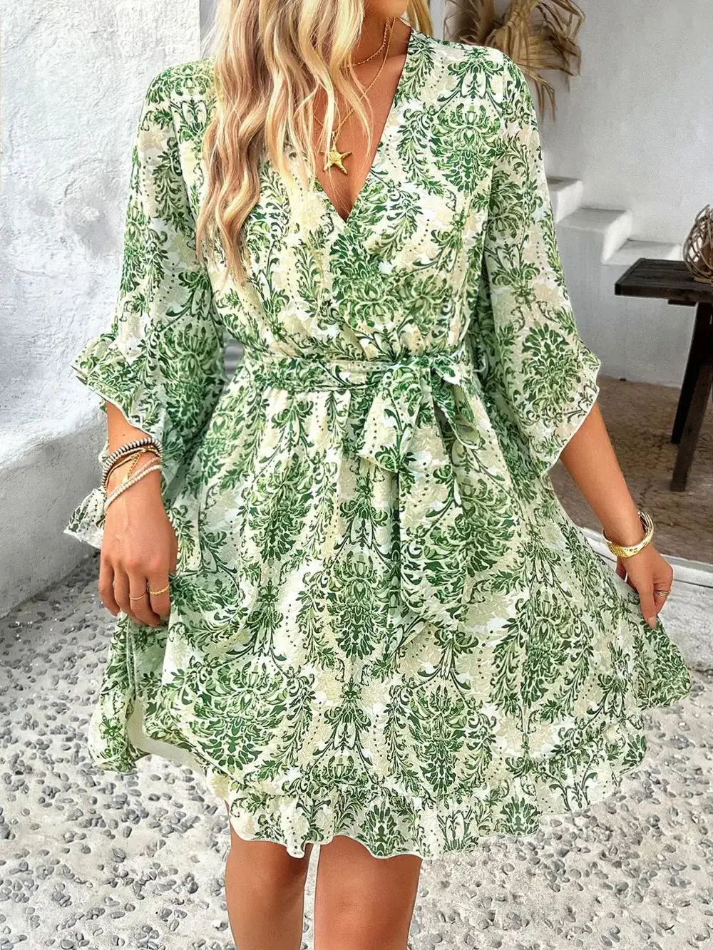 Relaxed Surplice Neck Ruffle Trim Dress
