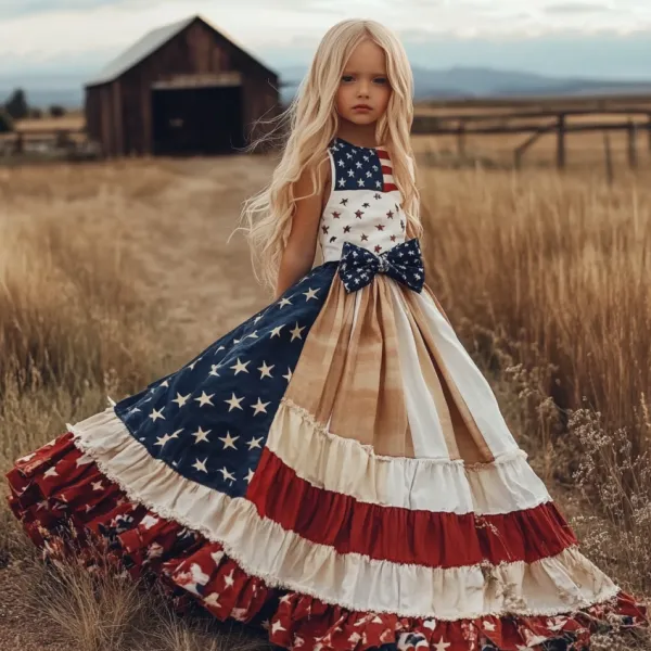 Young Girl's Independence Day Patchwork America Flag With Bow Art Linen Tank Dress（with Belt）
