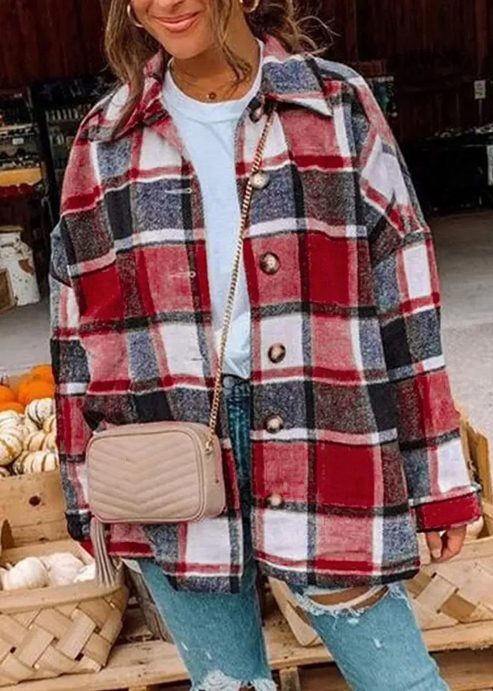 Women's 2023 Fall Clothes Plaid Shacket Jacket Long Sleeve Button Down Flannel Shirts Fashion Blouse