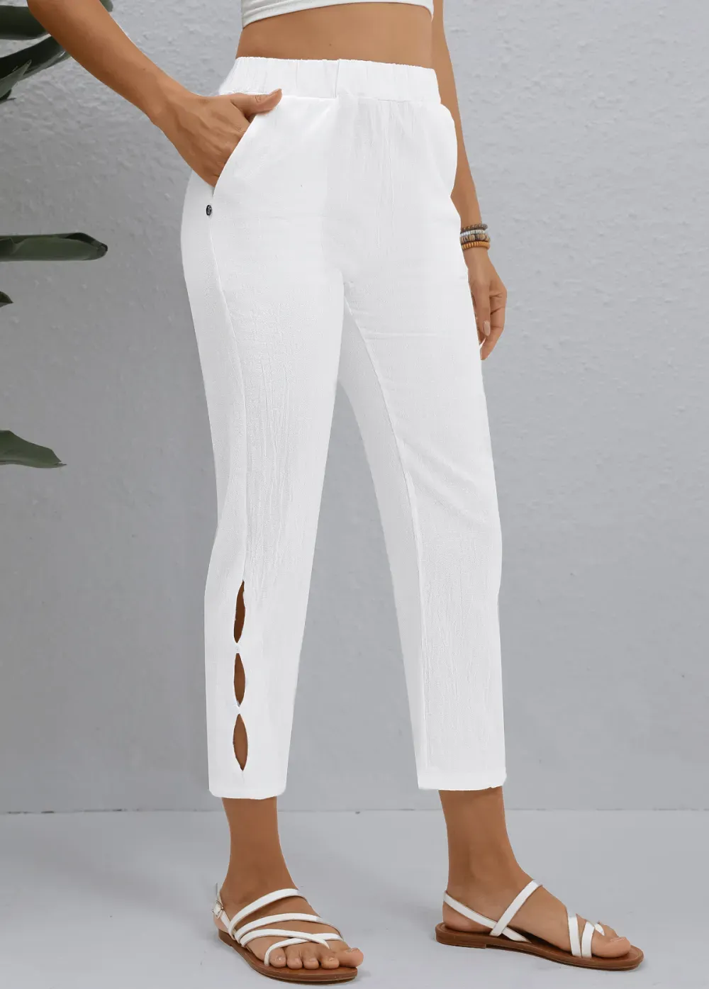 White Button Elastic Waist High Waisted Pants