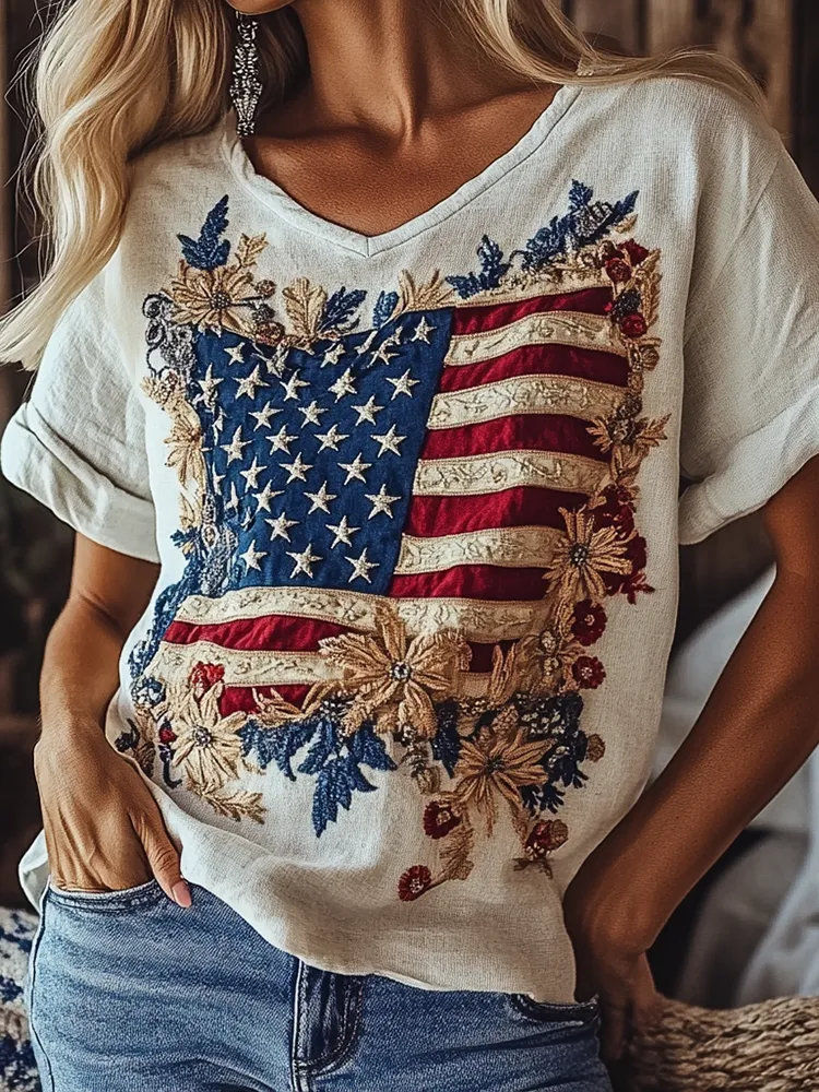 Women's Independence Day Flag Floral Embroidered V-neck Linen Blend Casual T-shirt