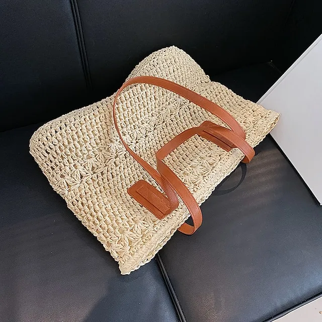 Women's Top Handle Bag Straw Bag Shoulder Bag Straw Outdoor Daily Zipper Solid Color Khaki Beige