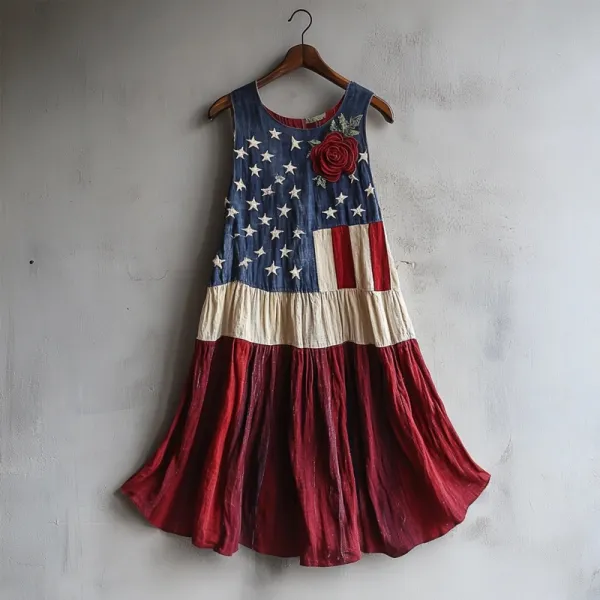 Vintage American Flag Inspired Rose Embroidered Linen Tank Dress