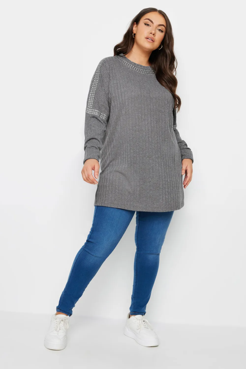 YOURS Curve Grey Stud Neckline Embellished Jumper
