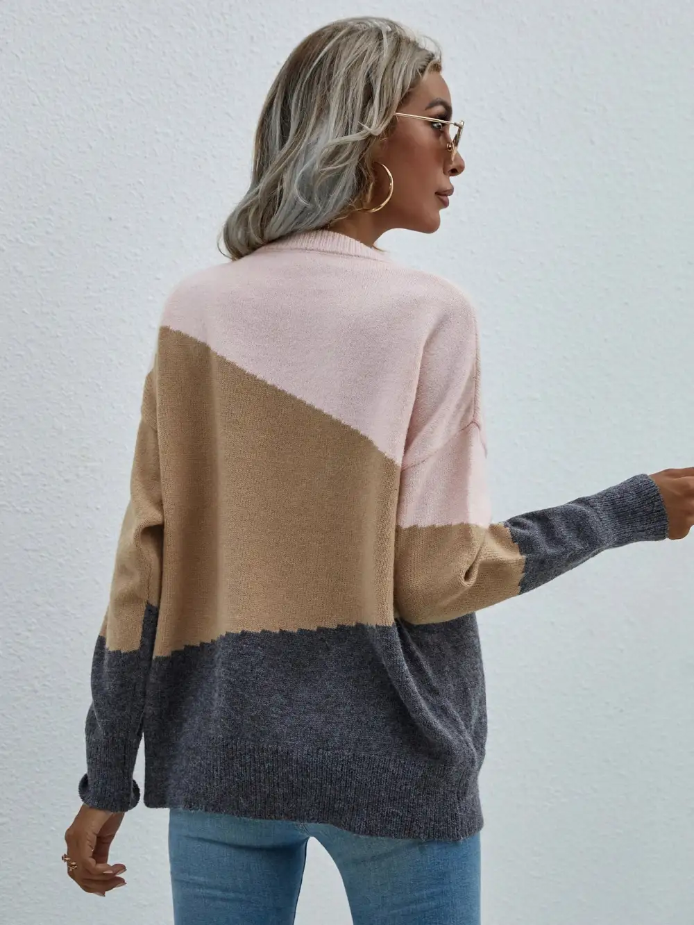 Color Block Dropped Shoulder Pullover Sweater