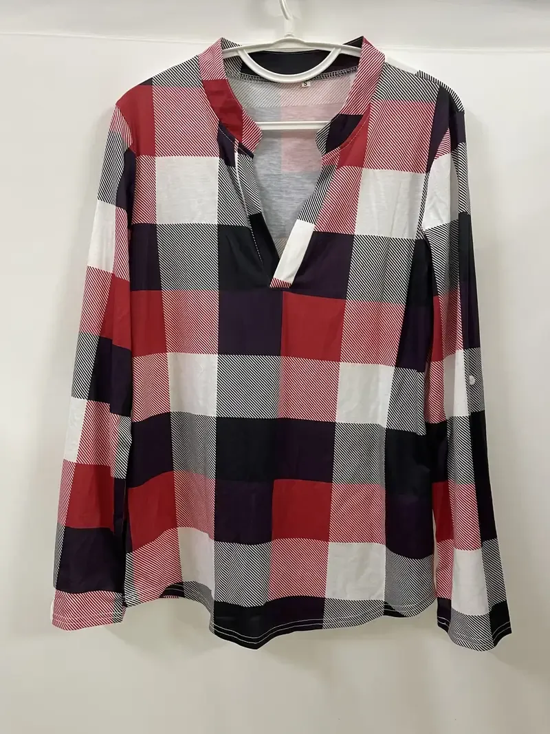 Casual Plaid Shirt, Long Sleeve V-neck Shirt, Casual Every Day Tops, Women's Clothing