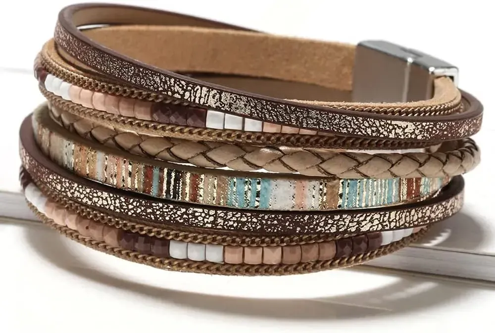 Fesciory Leather Wrap Bracelets for Women, Boho Leopard Multi-Layer Crystal Beads Cuff Bracelet Jewelry