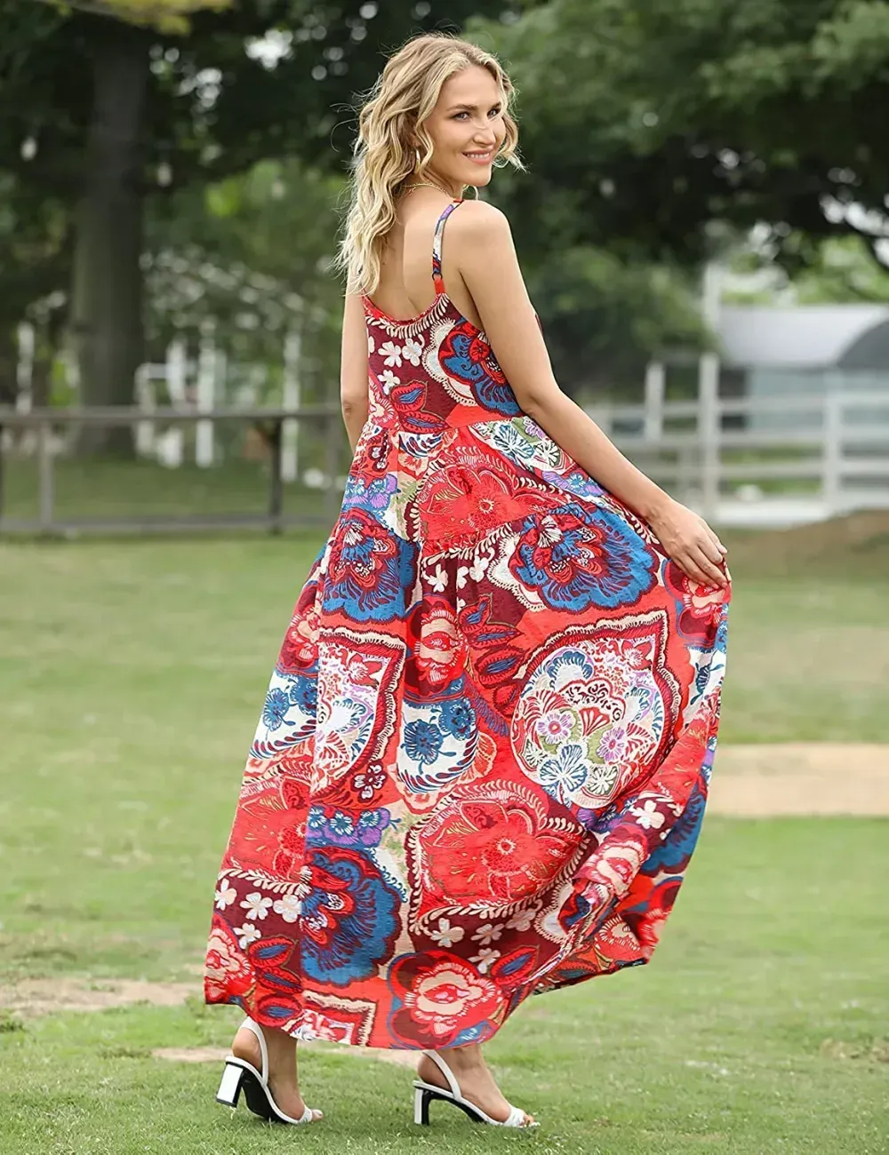 Summer Dresses for Women Casual Loose Bohemian Floral Dress with Pockets Spaghetti Strap Maxi Dress E75