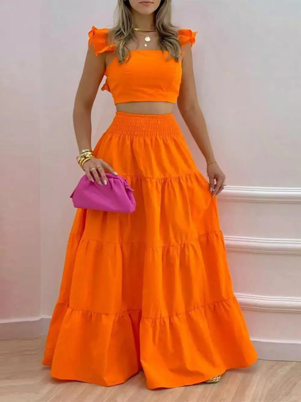 Crop Top Tiered Maxi Skirt Set