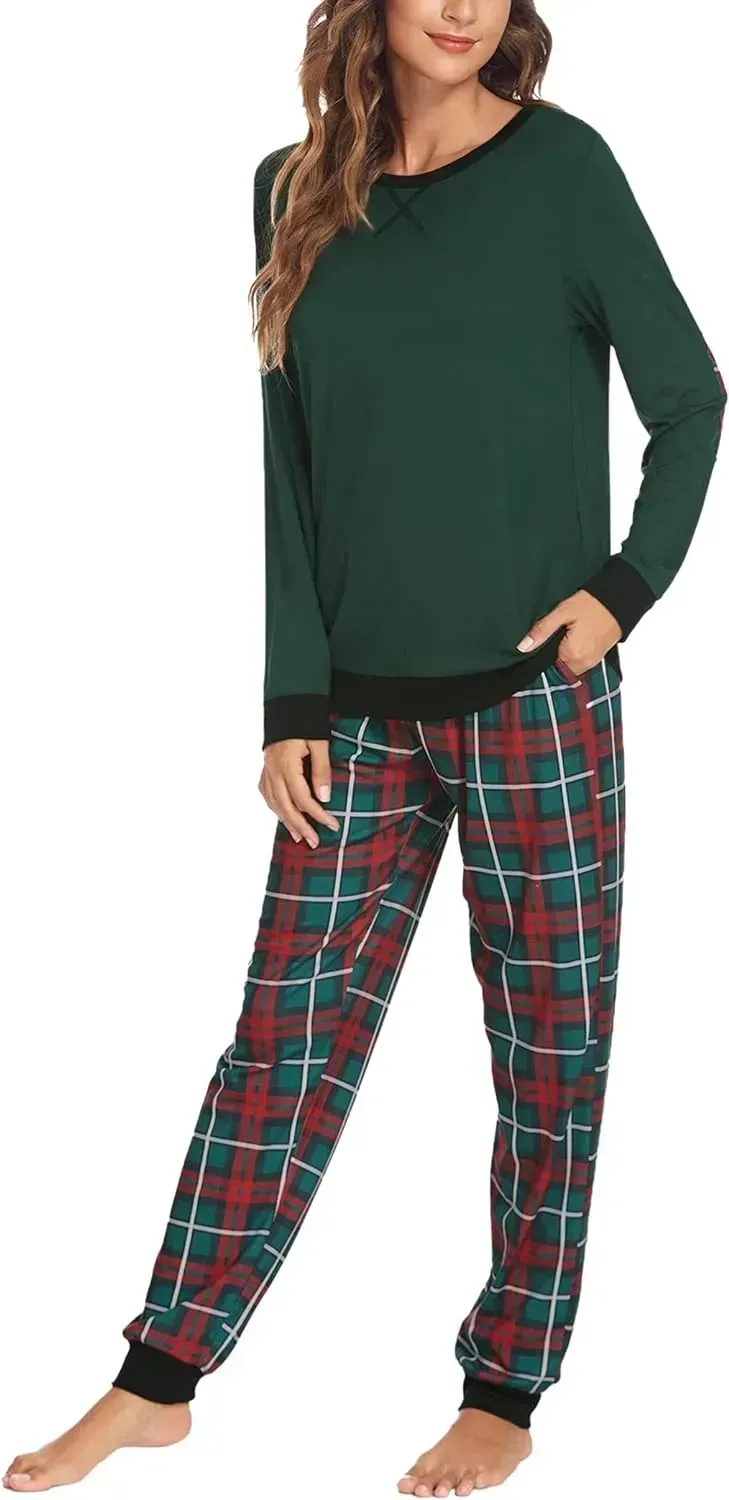 Women's Pajamas Sets Long Sleeve with Plaid Pants Soft Sleepwear O Neck 2 Piece Pjs Joggers Loung Set with Pockets