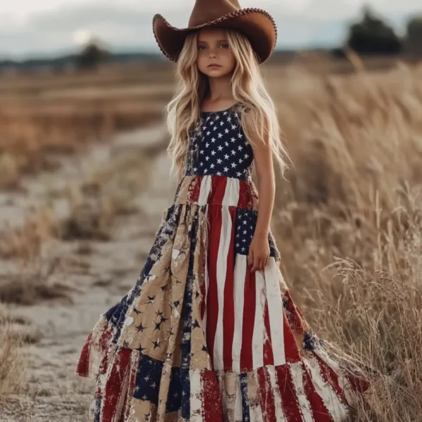 Young Girl's Vintage Independence Day Patchwork America Flag Print Linen Tank Dress（with Belt）