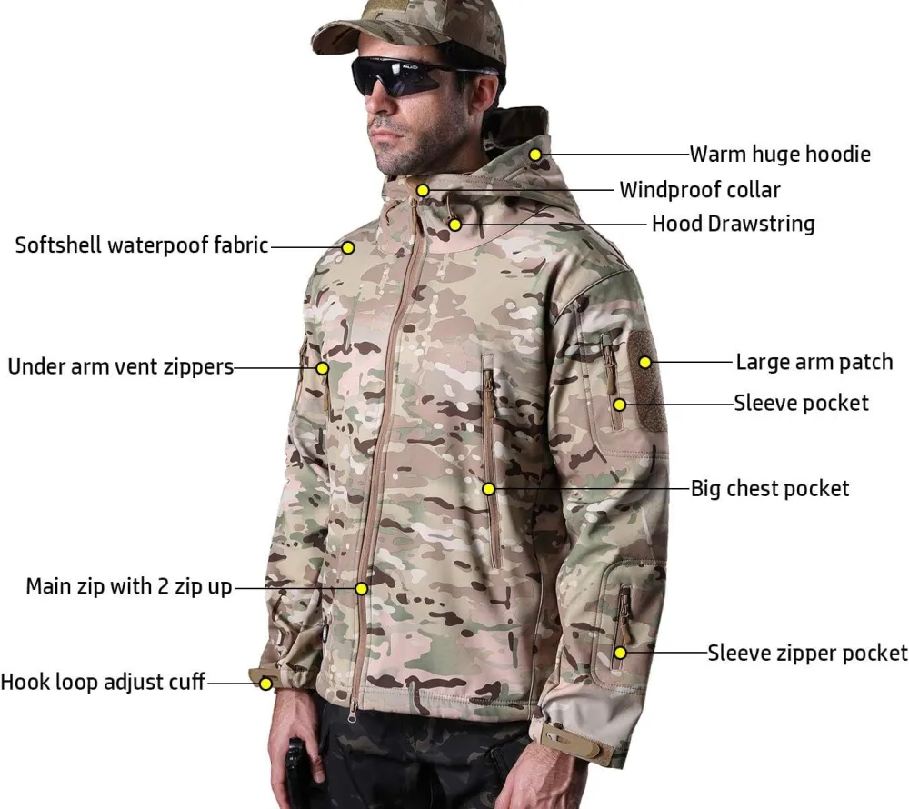 Men's Soft Shell Military Tactical Jacket Outdoor Camouflage Hunting Fleece Hooded Coat