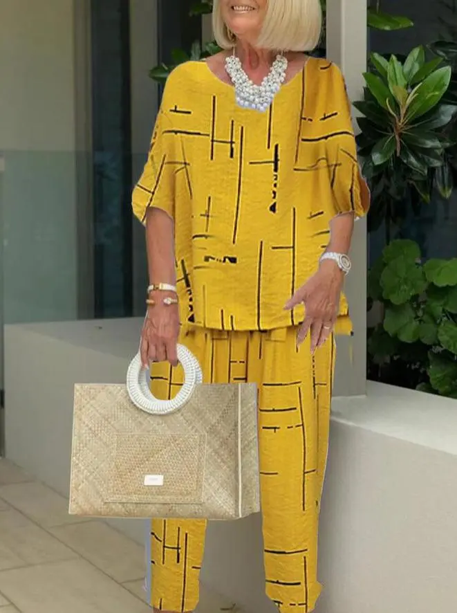 Printing Casual Two-piece 3/4 Length Pants Suits