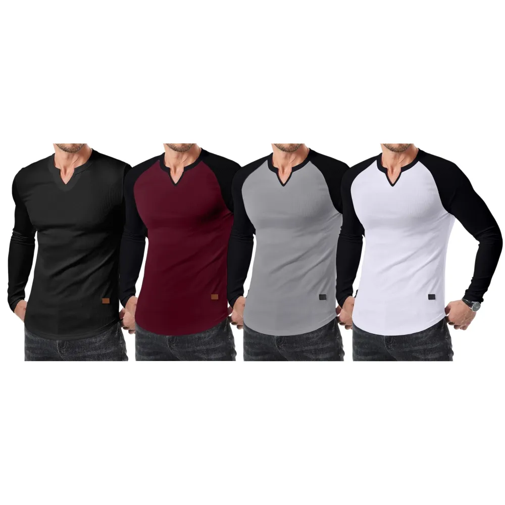 Mens Long Sleeve Muscle T Shirts Casual V-Neck Longline Ribbed Tee Shirts