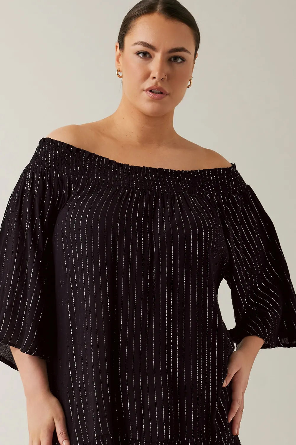 Evans Black Metallic Stripe Tiered Midi Beach Dress