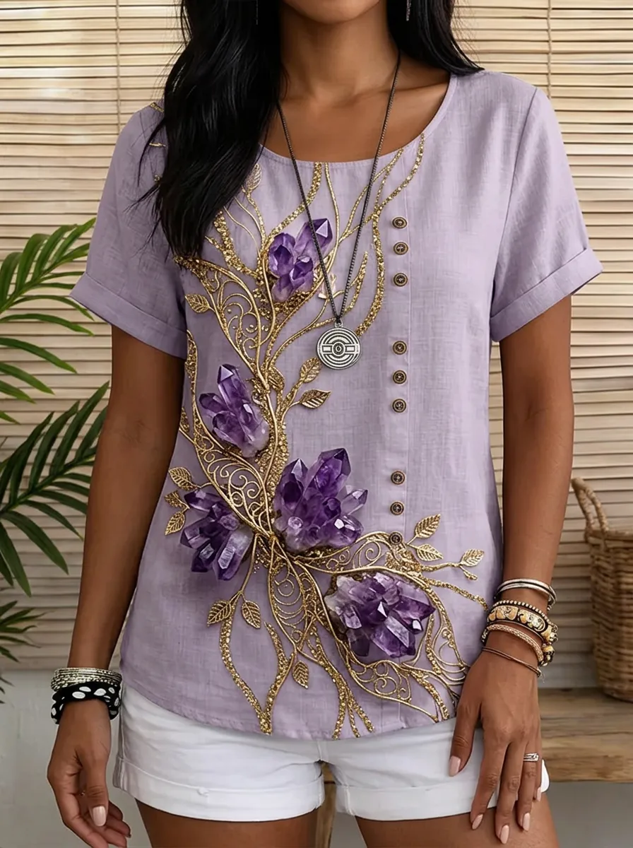 Women's Nashville Crystal Lover Amethyst Gold Vine Printed Top