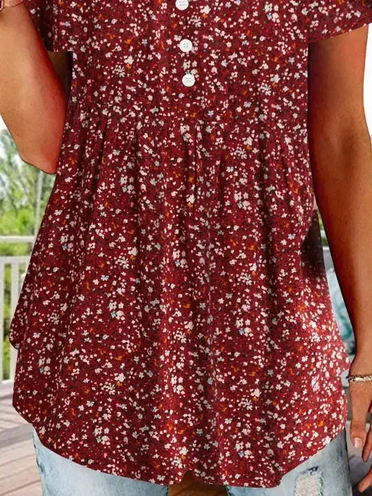 Women's Short Sleeve V-neck Red Printed Button Top