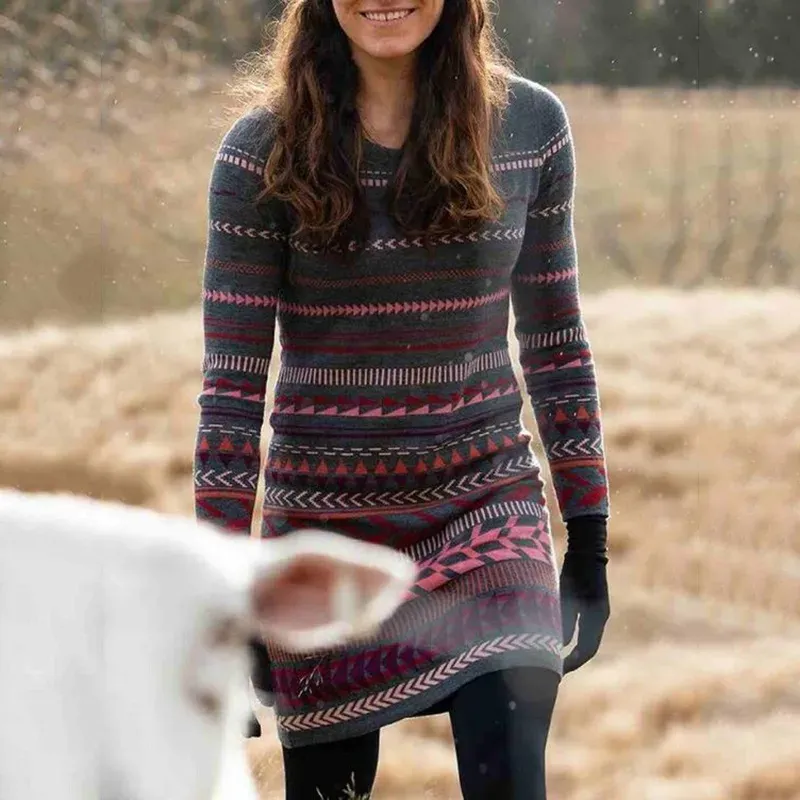 Fairman Island Contrast Print Long Sleeve Knit Midi Dress