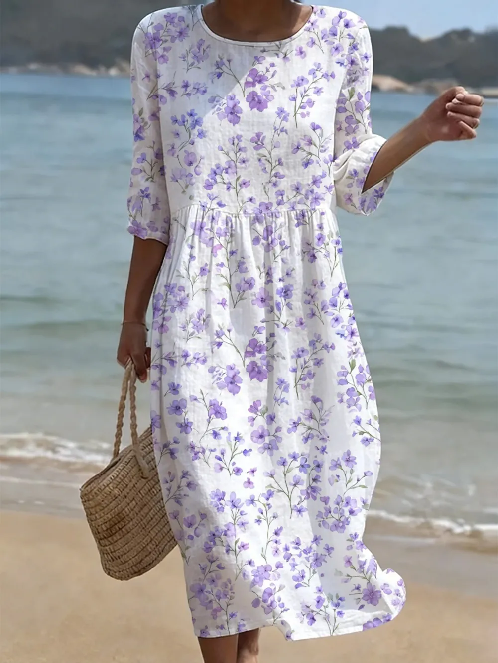 Women's Casual Solid Color Round Neck Mid-Sleeve Floral Print Cotton Linen Dress