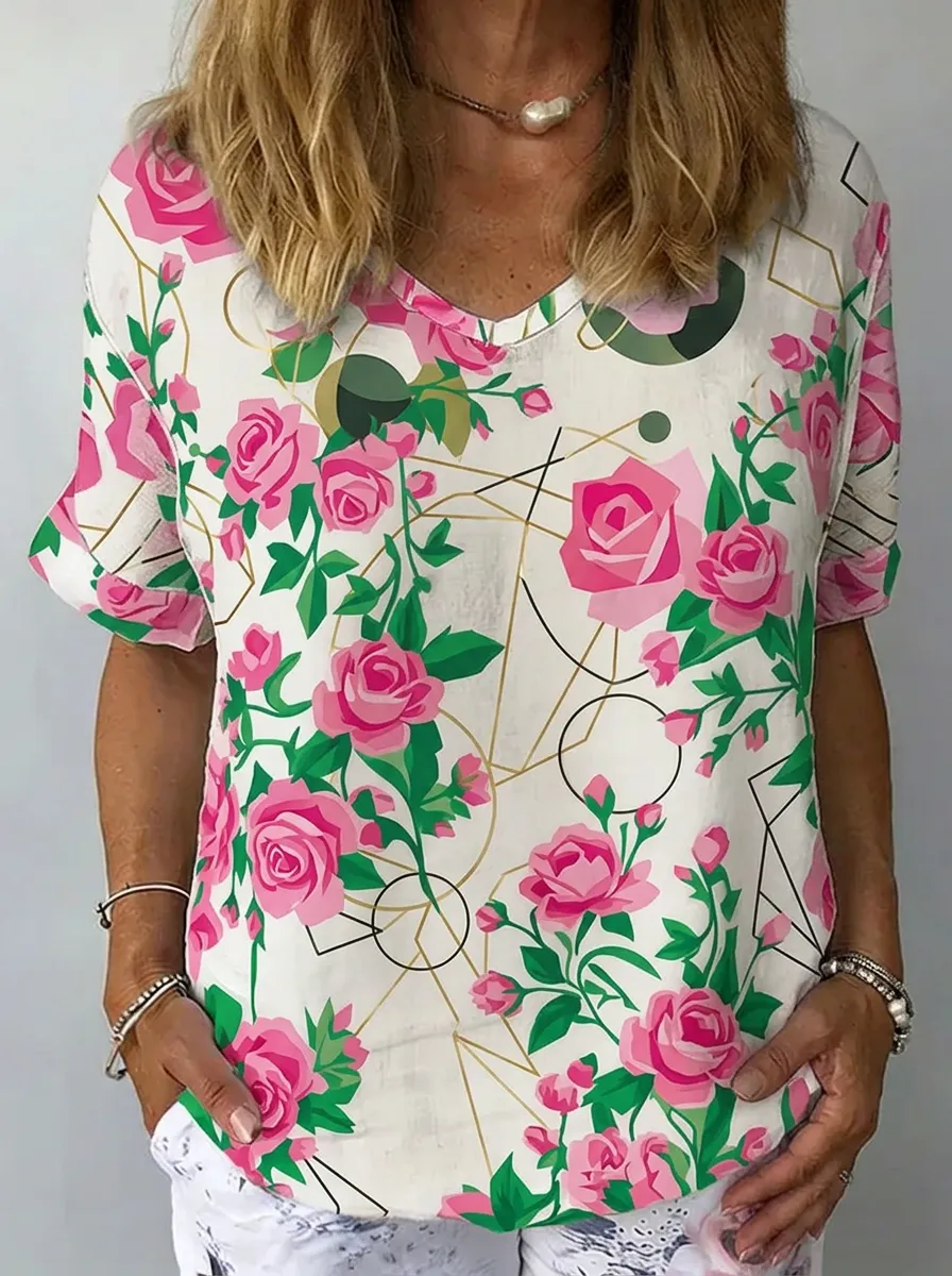Women's Nashville Floral Geometric Printed V-neck T-shirt