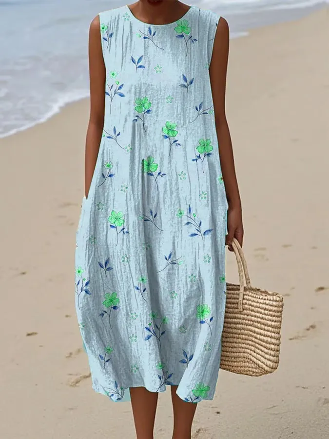 Women's Casual Printed Round Neck Sleeveless Dress