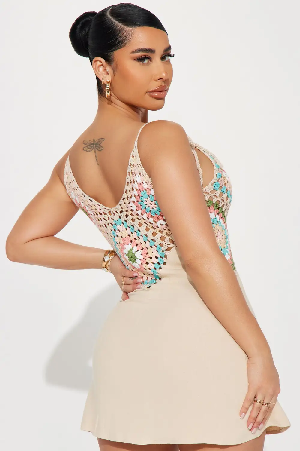 Kara Crochet Mini Dress - Tan/Multi
