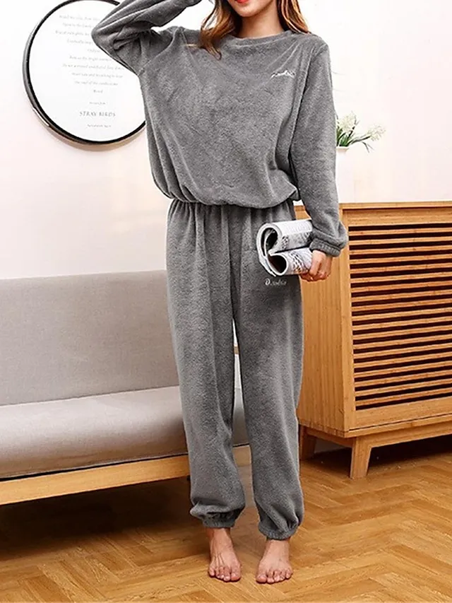 Women's Fleece Warm Loungewear Sets Fluffy Fuzzy Warm Pajama Letter Comfort Home Daily Bed Coral Fleece Coral Velvet Warm Crew Neck Long Sleeve Hoodie Pant Embroidery Fall Winter Pink Red