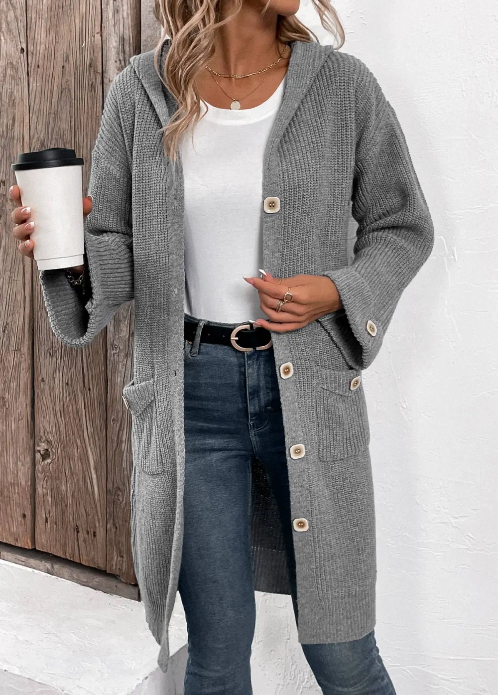 Grey Button Long Sleeve V Neck Cardigan