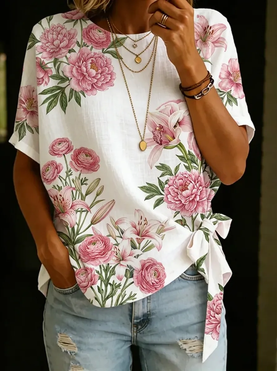 Women's Nashville Floral Peony Lily Printed Tie-Side Top