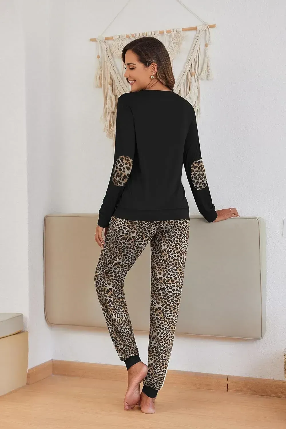 Women's Pajamas Sets Long Sleeve with Plaid Pants Soft Sleepwear O Neck 2 Piece Pjs Joggers Loung Set with Pockets