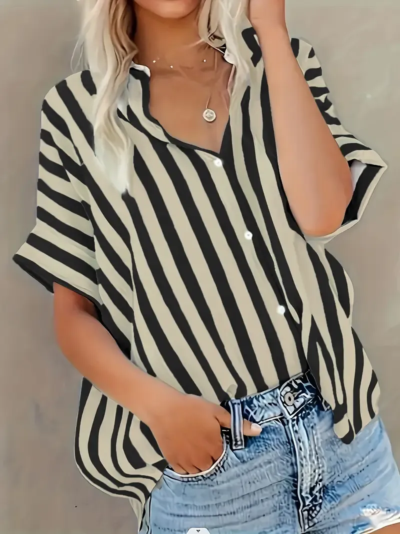 Stripe Print Button Front Blouse - Casual Short Batwing Sleeve Top For Spring & Summer - Women's Clothing - Soft & Breathable Fabric - Perfect for Casual Outings & Everyday Wear - Ideal Gift for Women
