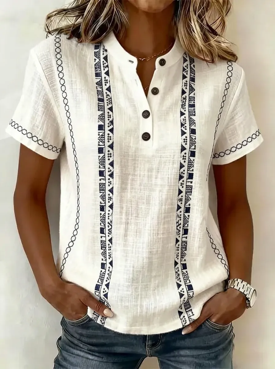 Women's Nashville Travel Geometric Pattern Printed Henley Shirt