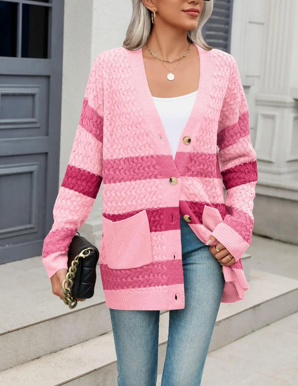 Womens 2024 Long Sleeve Chunky Cable Knit Fall Cardigans Sweaters Button Down Open Front Outerwear with Pockets