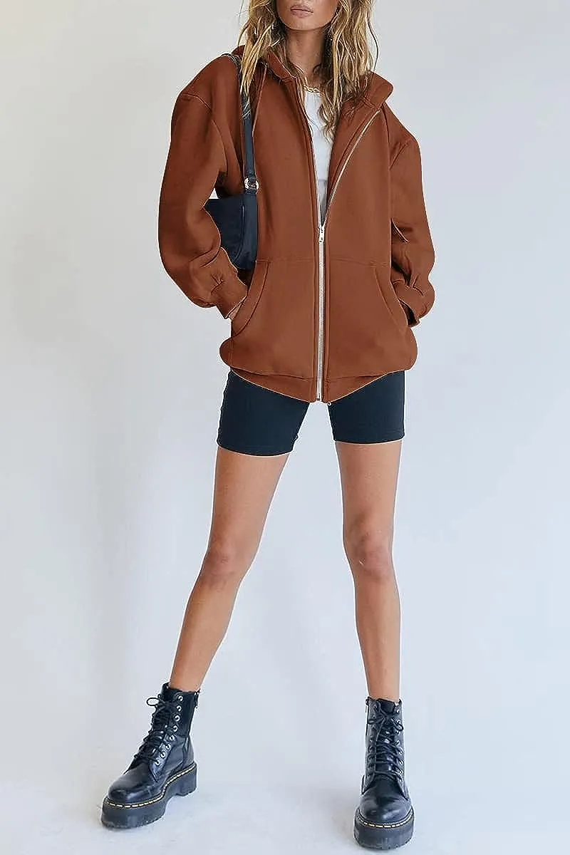 Women's Cute Hoodies Teen Girl Fall Jacket Oversized Sweatshirts Casual Drawstring Zip Up Y2K Hoodie with Pocket