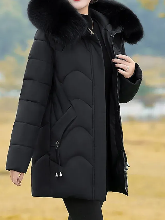Women's Parka Warm Winter Coat Zipper Puffer Jacket with Removable Fur Collar Zipper Hoodie Heated Jacket Fashion Modern Casual Street Style Outerwear Long Sleeve Fall