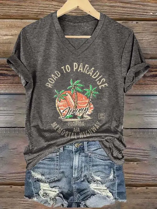 V Neck Retro Vacation Palm Trees Jimmy Memorial Highway Florida Road To Paradise Print T-Shirt