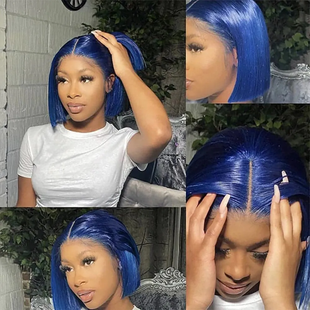 Sterly Dark Blue Wig Straight Colored Short Bob Transparent Frontal Lace Wig Human Hair