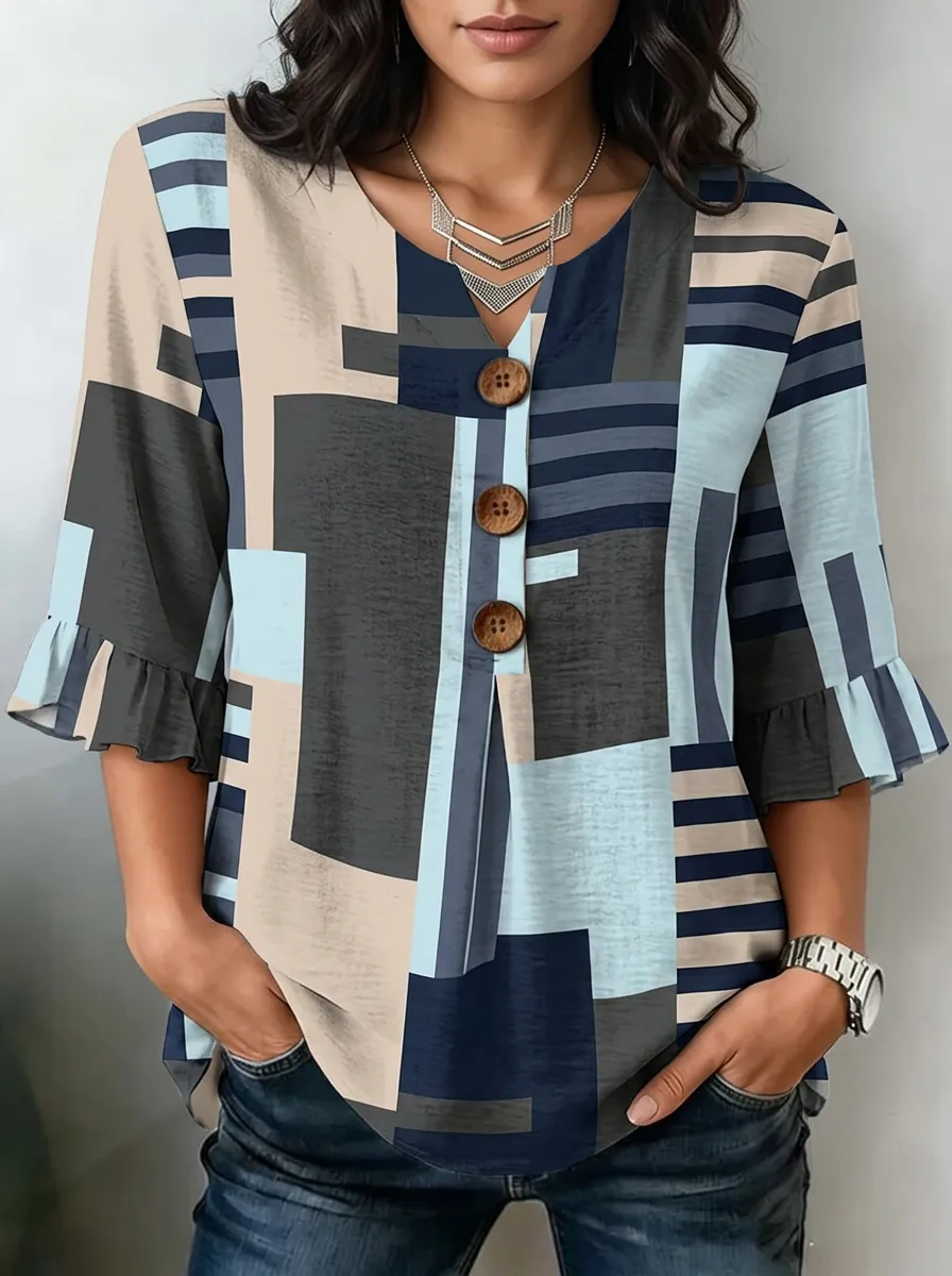 Women's Nashville Geometric Block Printed V-Neck Button Top