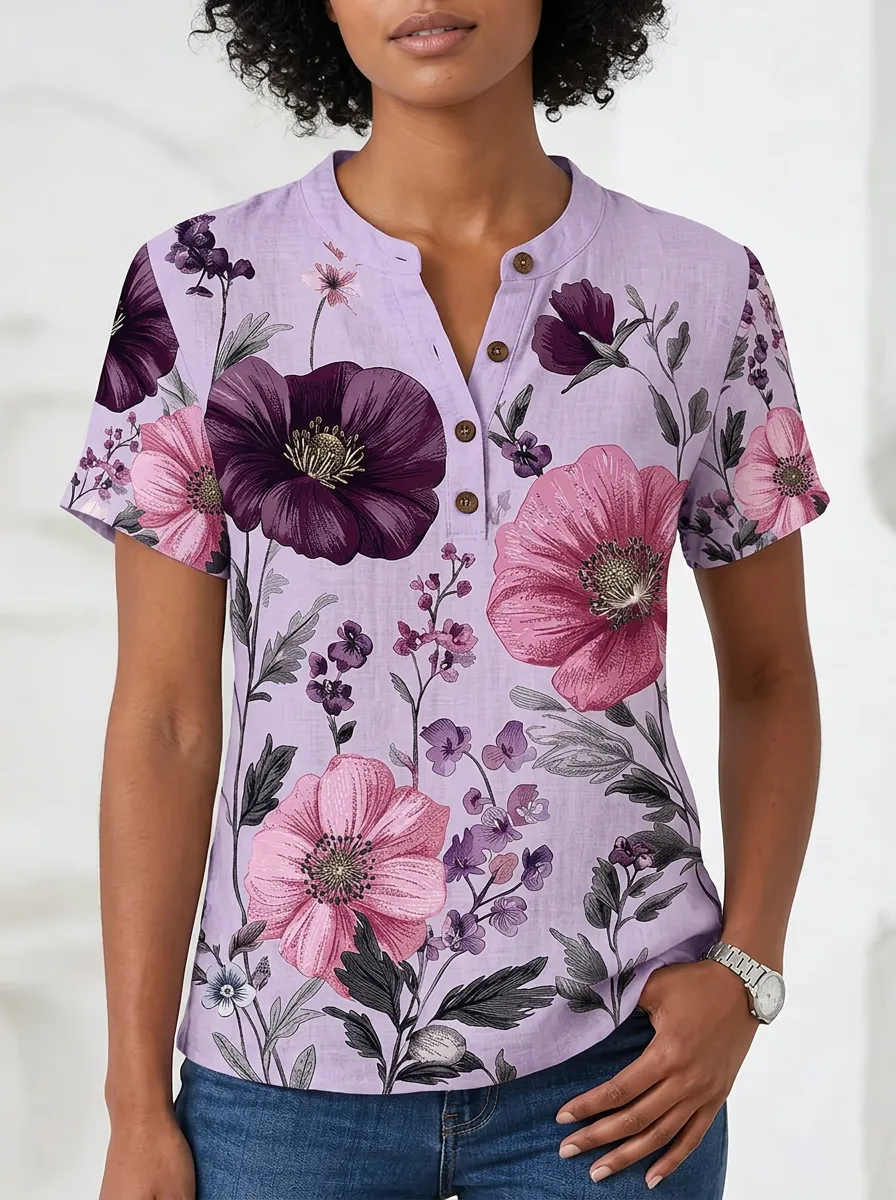 Women's Nashville Floral Botanical Printed Henley Top