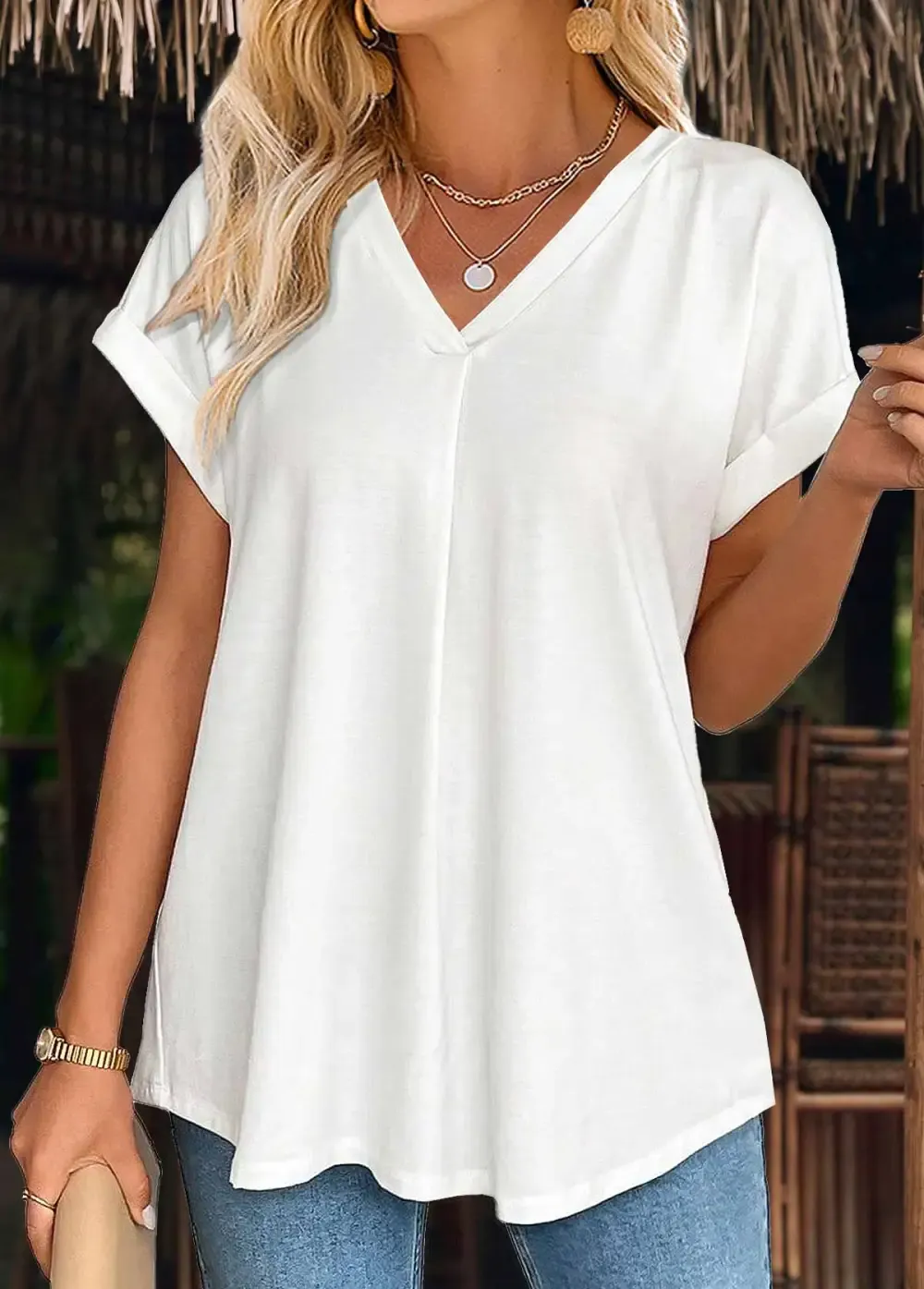 White Short Sleeve V Neck T Shirt