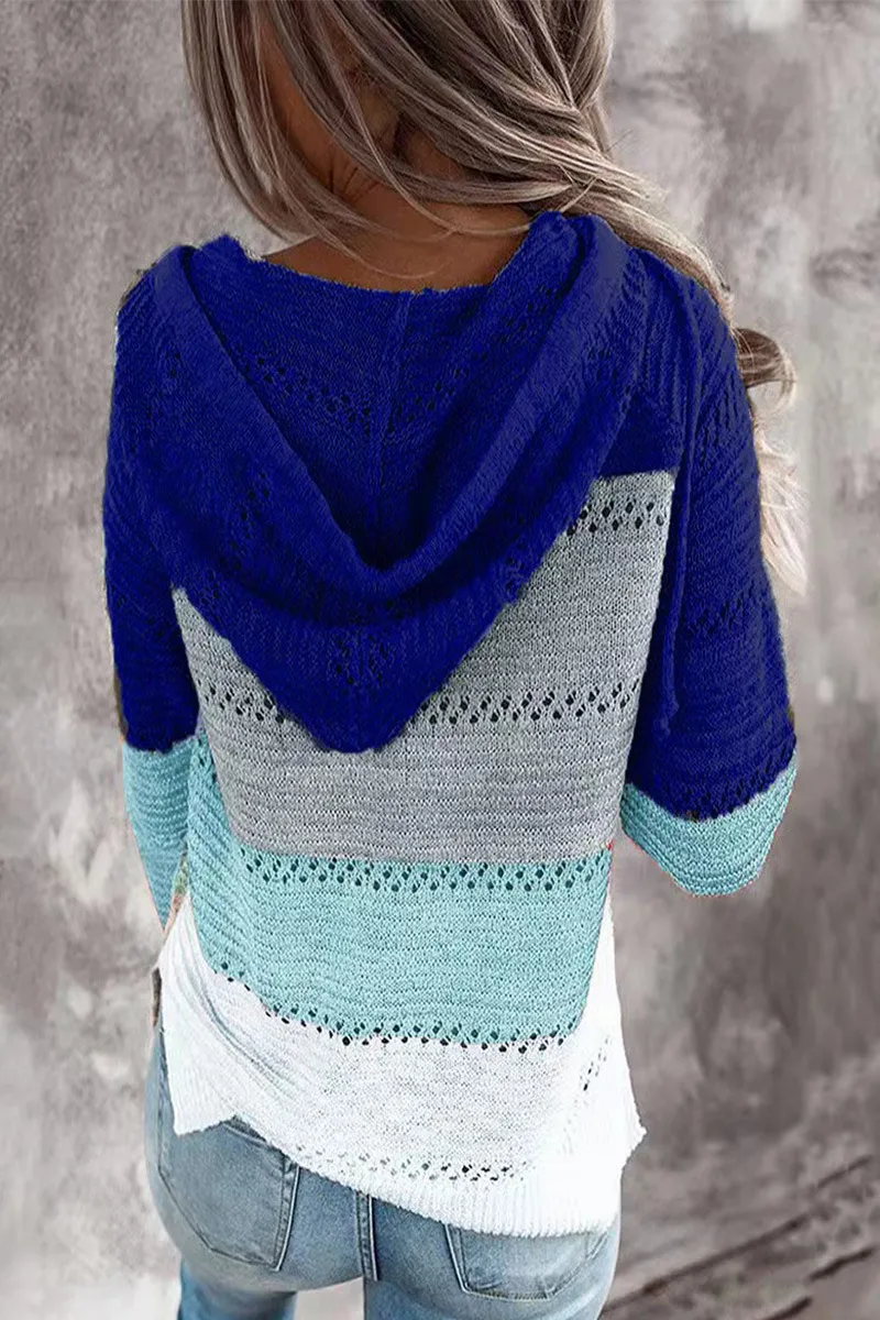 Striped & Leopard Patchwork V-Neck Hooded Sweater